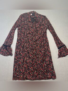 Libby Edelman Keyhole Shift Dress Women's Black Floral Lined Mesh Long Sleeve SM